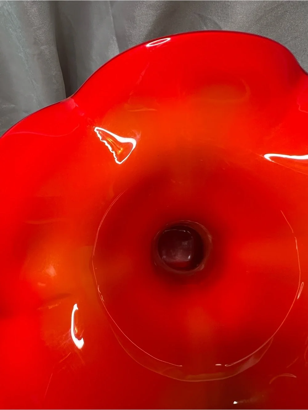 Vintage Pier 1 Hand-Blown Art Glass Trumpet Vase in Red-Orange with Green Base